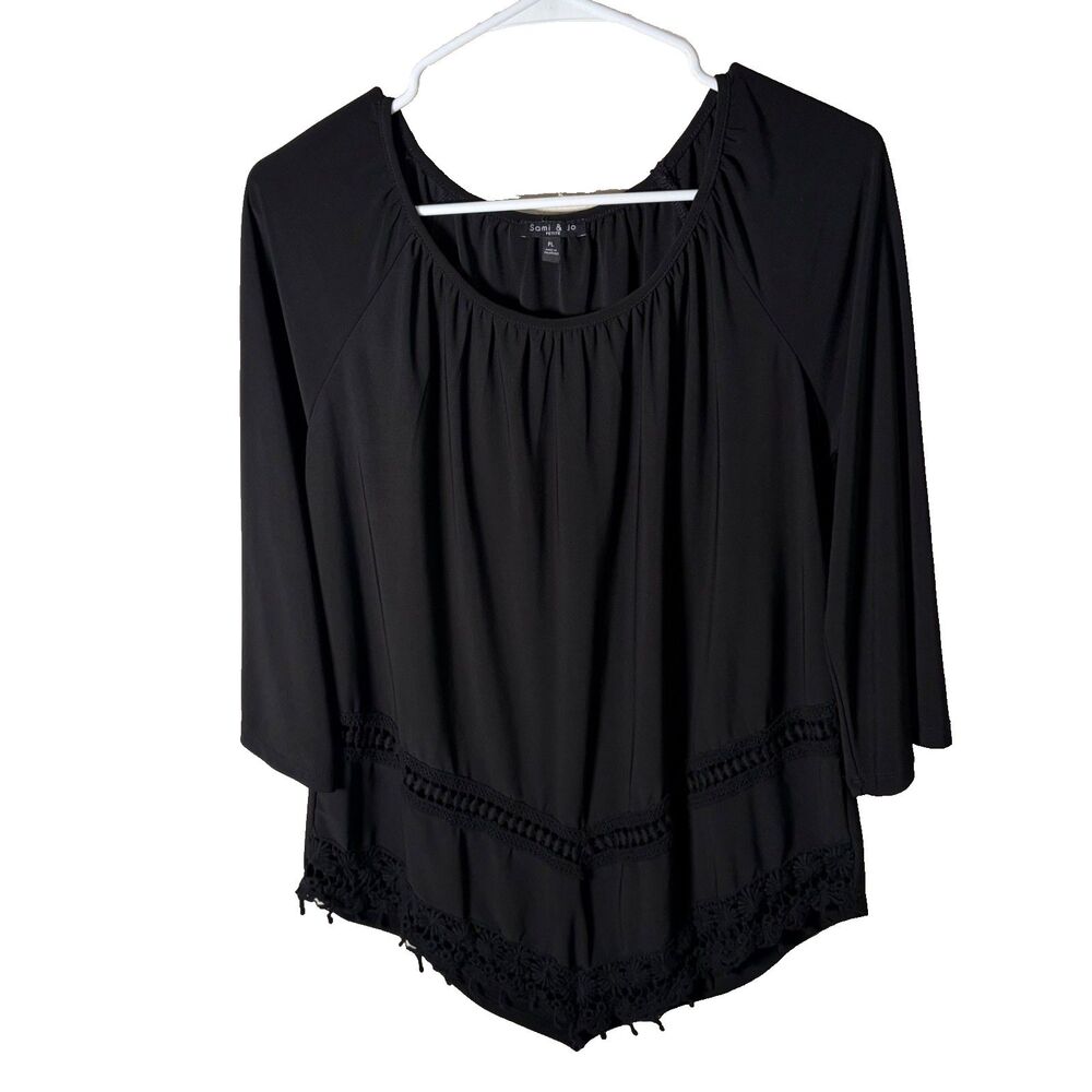 Sami & Jo Blouse Women's Petite Large 3/4 Sleeve Round Neck Lace Trim Top